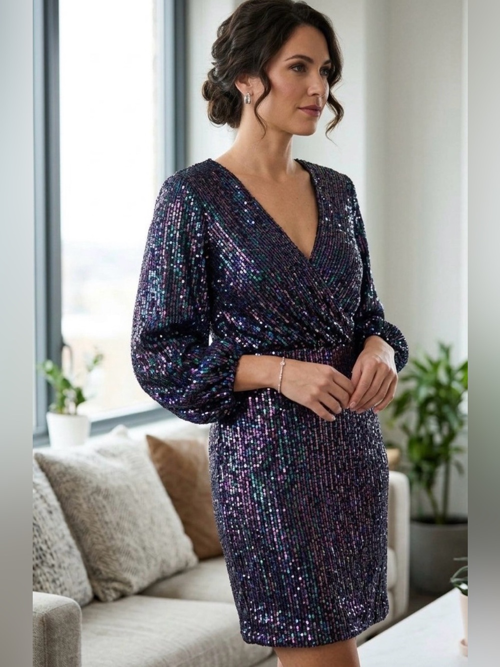 Eliza J Iridescent Purple Sequin Wrap Dress with Balloon Sleeves